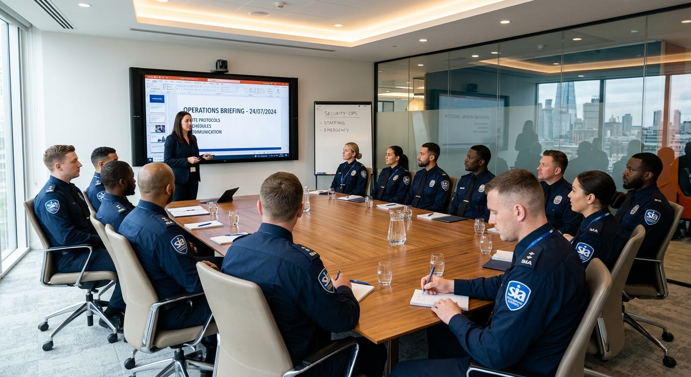 SIA licensed security management conducting operational briefing