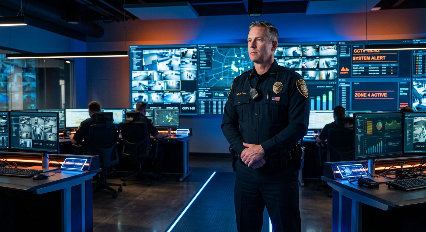 Commercial premises security guard at security console